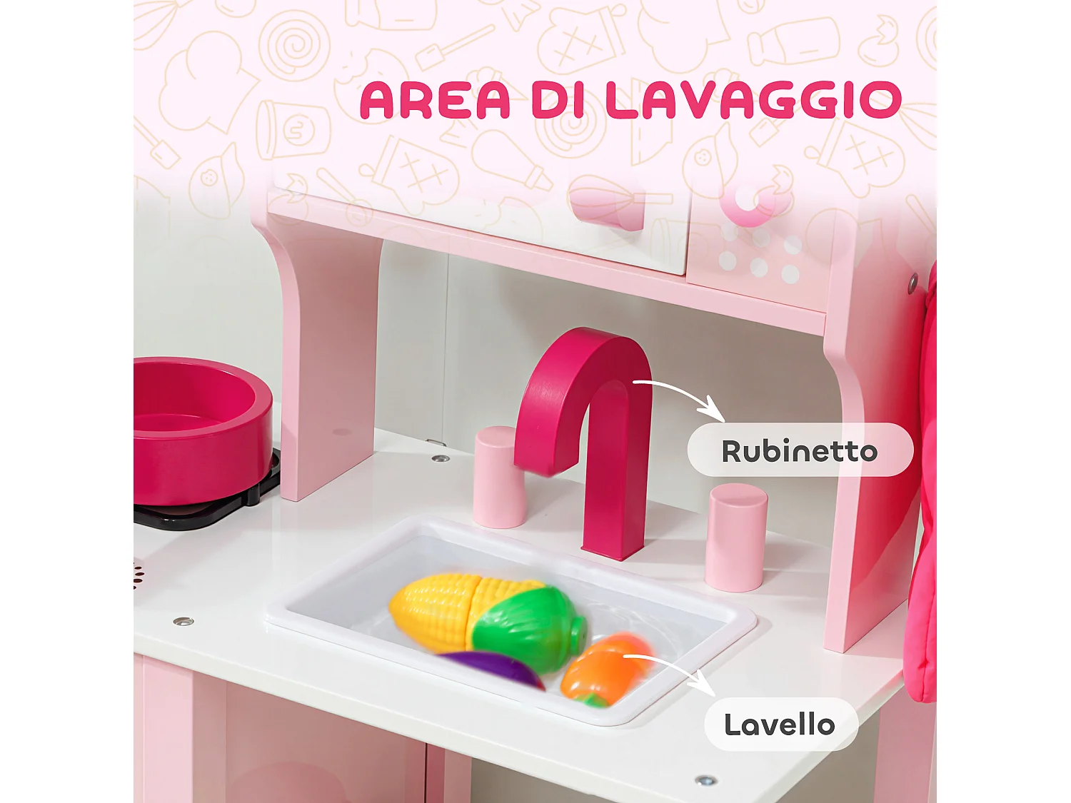 Cucina giocattolo per bambini con microonde, piano cottura e lavandino