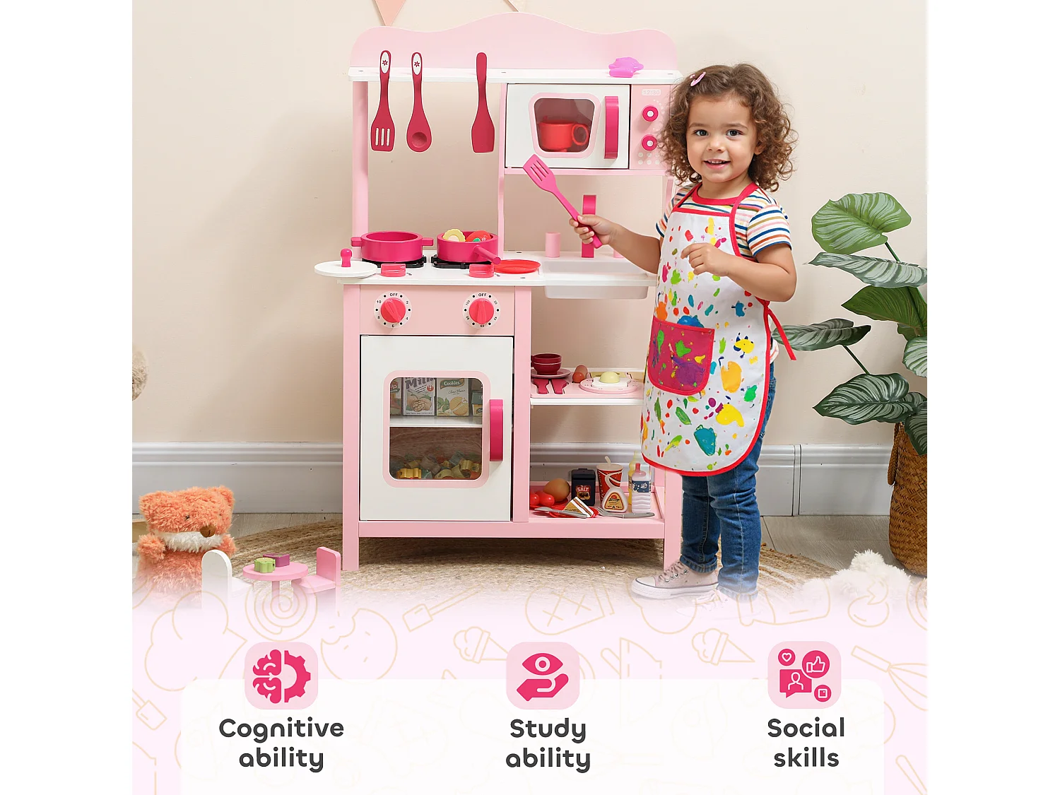 Cucina giocattolo per bambini con microonde, piano cottura e lavandino