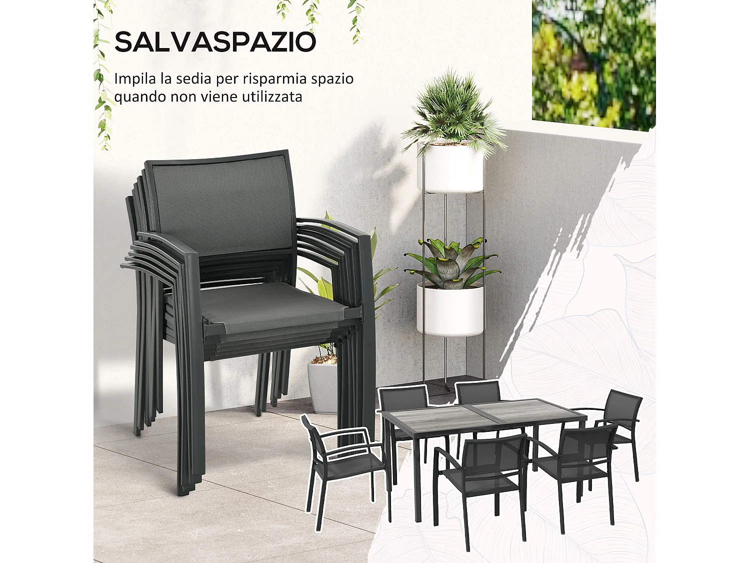 Set da giardino con tavolo e 6 sedie impilabili grigio