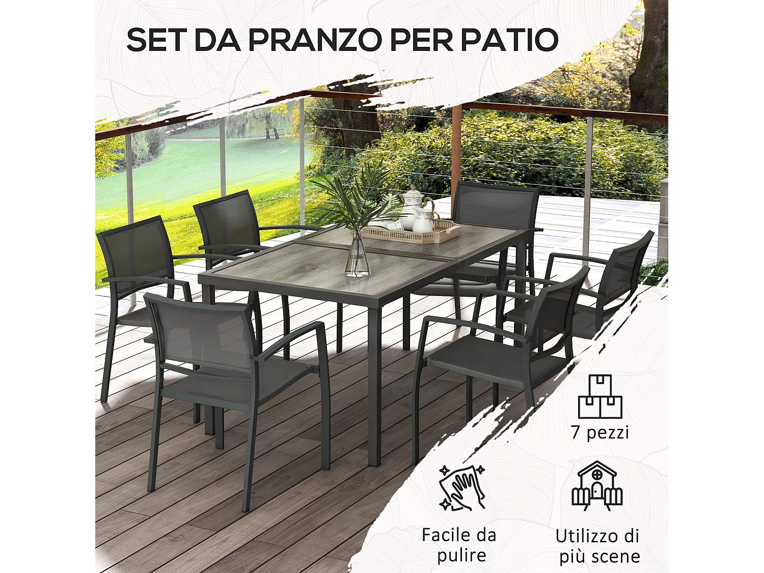 Set da giardino con tavolo e 6 sedie impilabili grigio