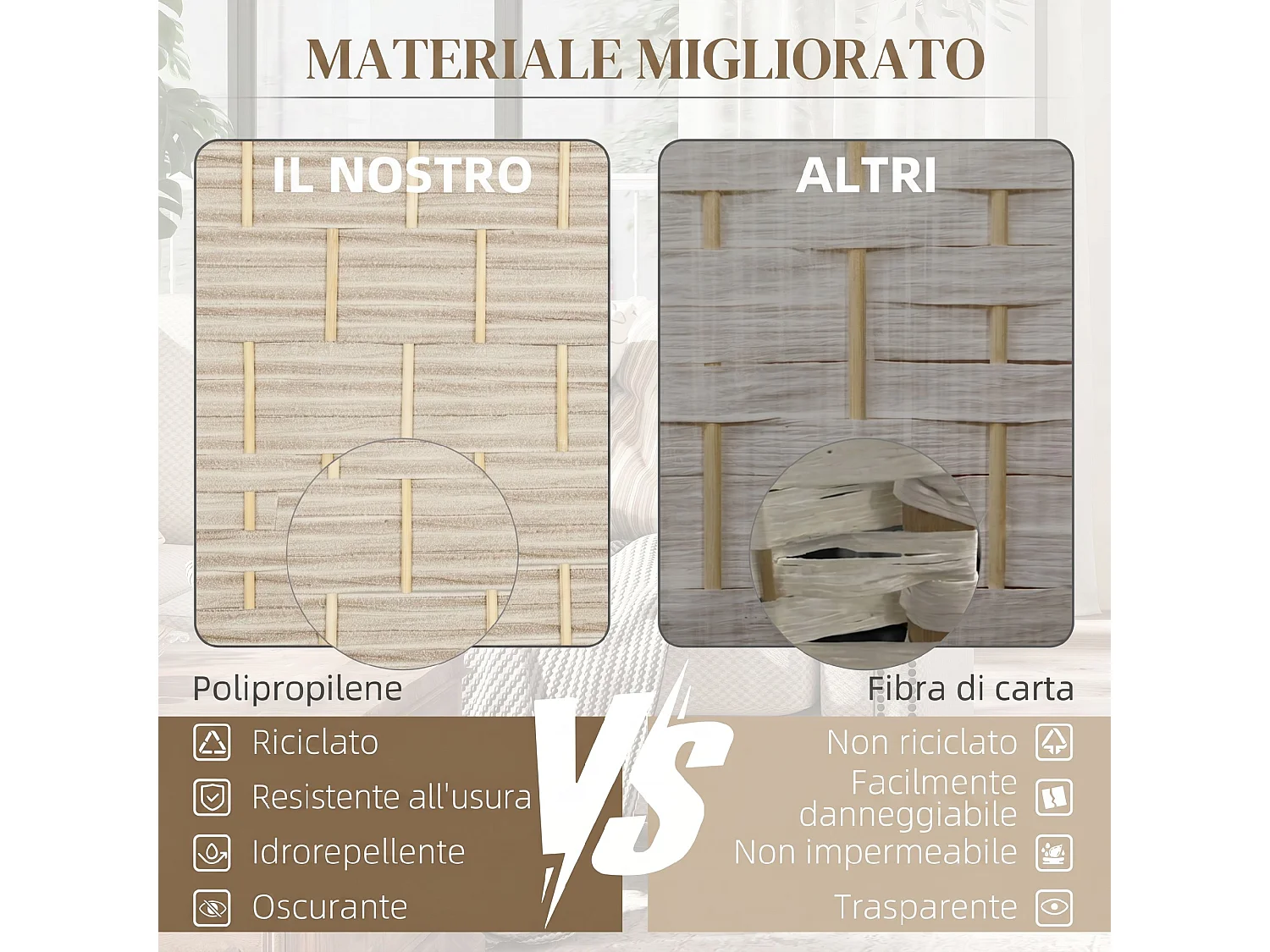 Paravento da interno a 3 pannelli pieghevole in pp e pino rovere