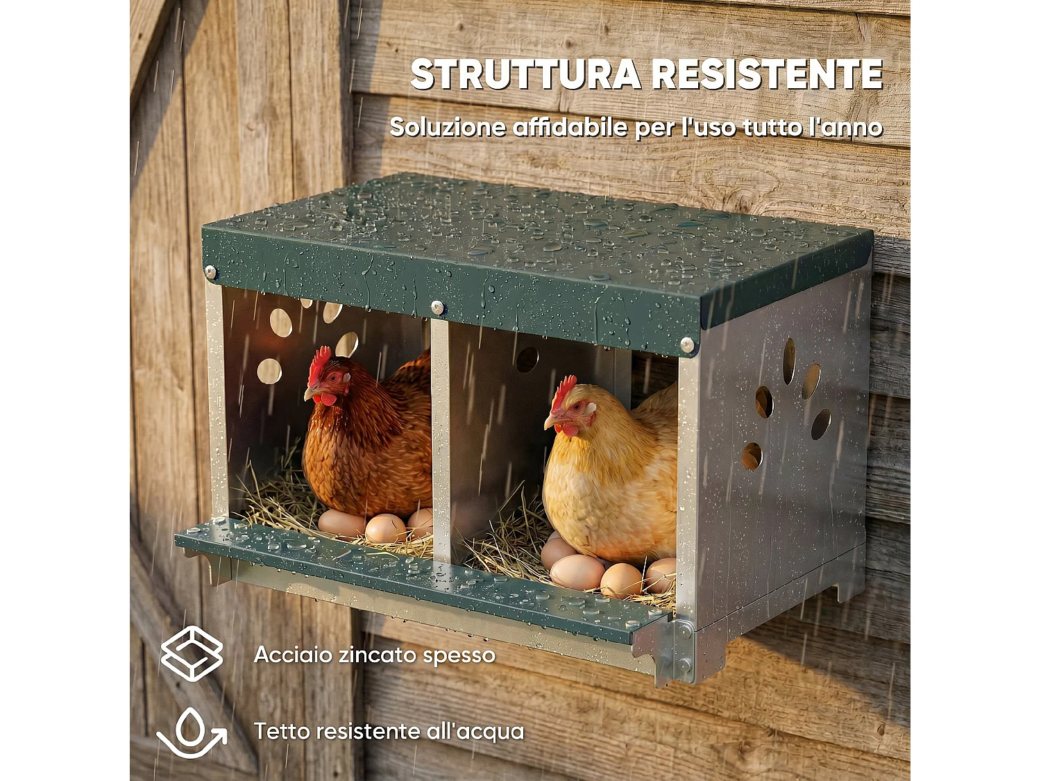 Nido per galline ovaiole a 2 aree con base e tetto in acciaio argento