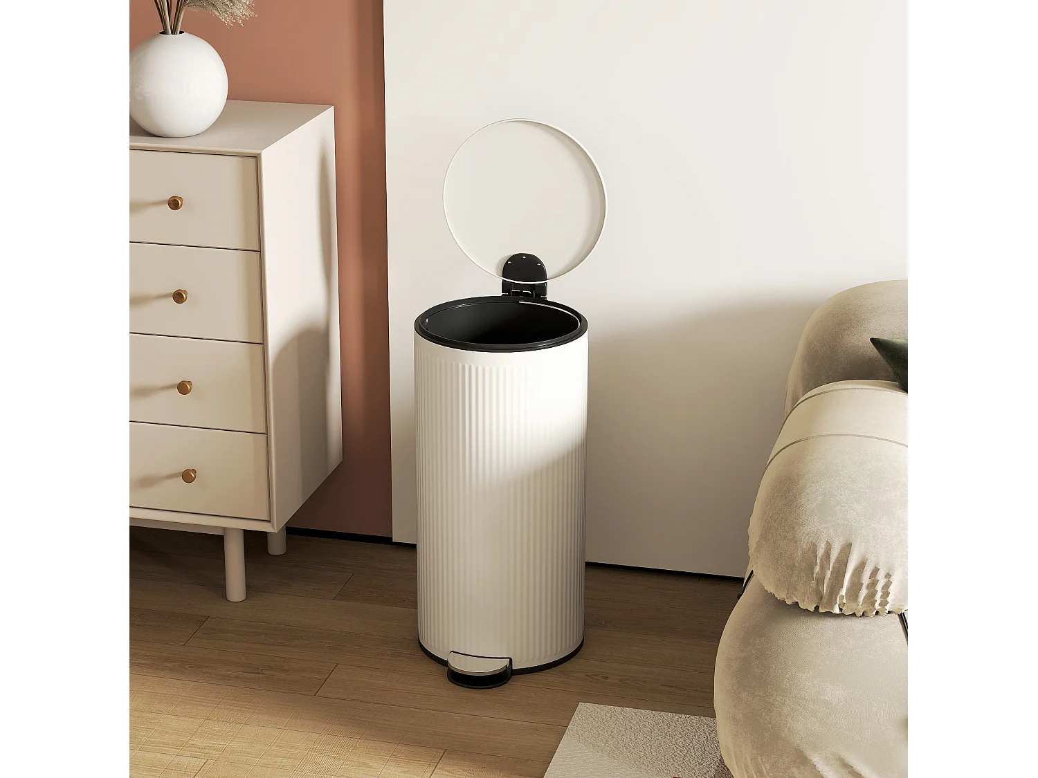 Cestino Spazzatura da 30L con Coperchio a Chiusura Morbida, Crema