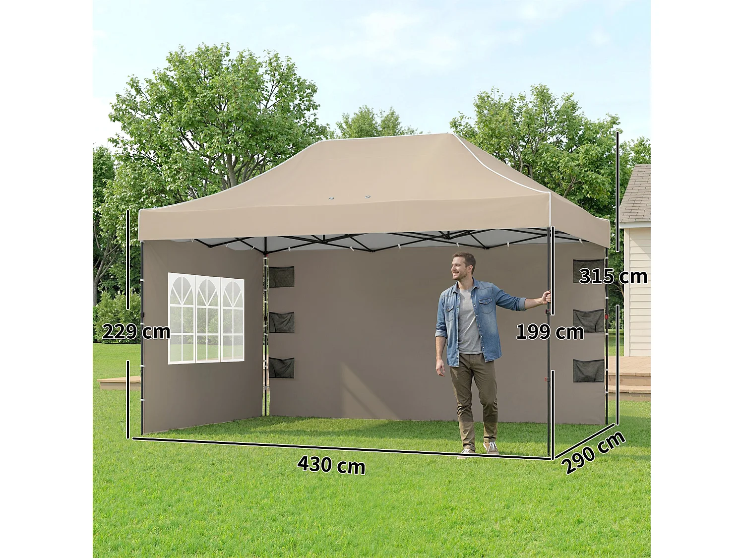 Gazebo pop up con pareti e finestre marrone sabbia