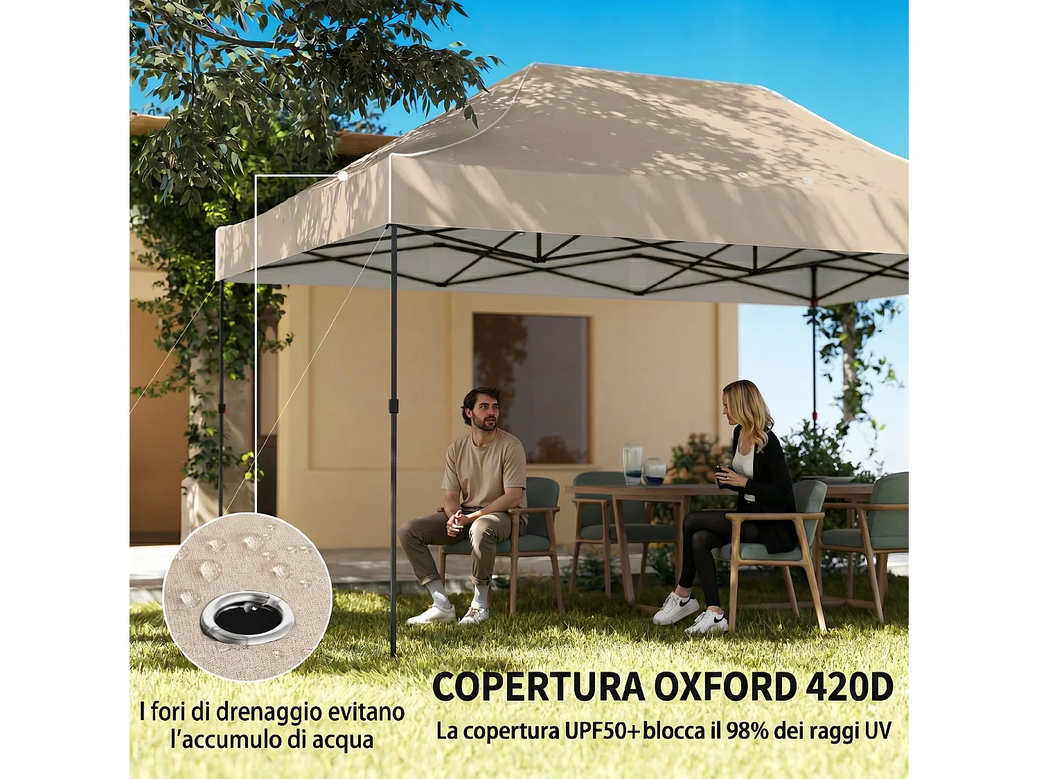 Gazebo pop up con pareti e finestre marrone sabbia