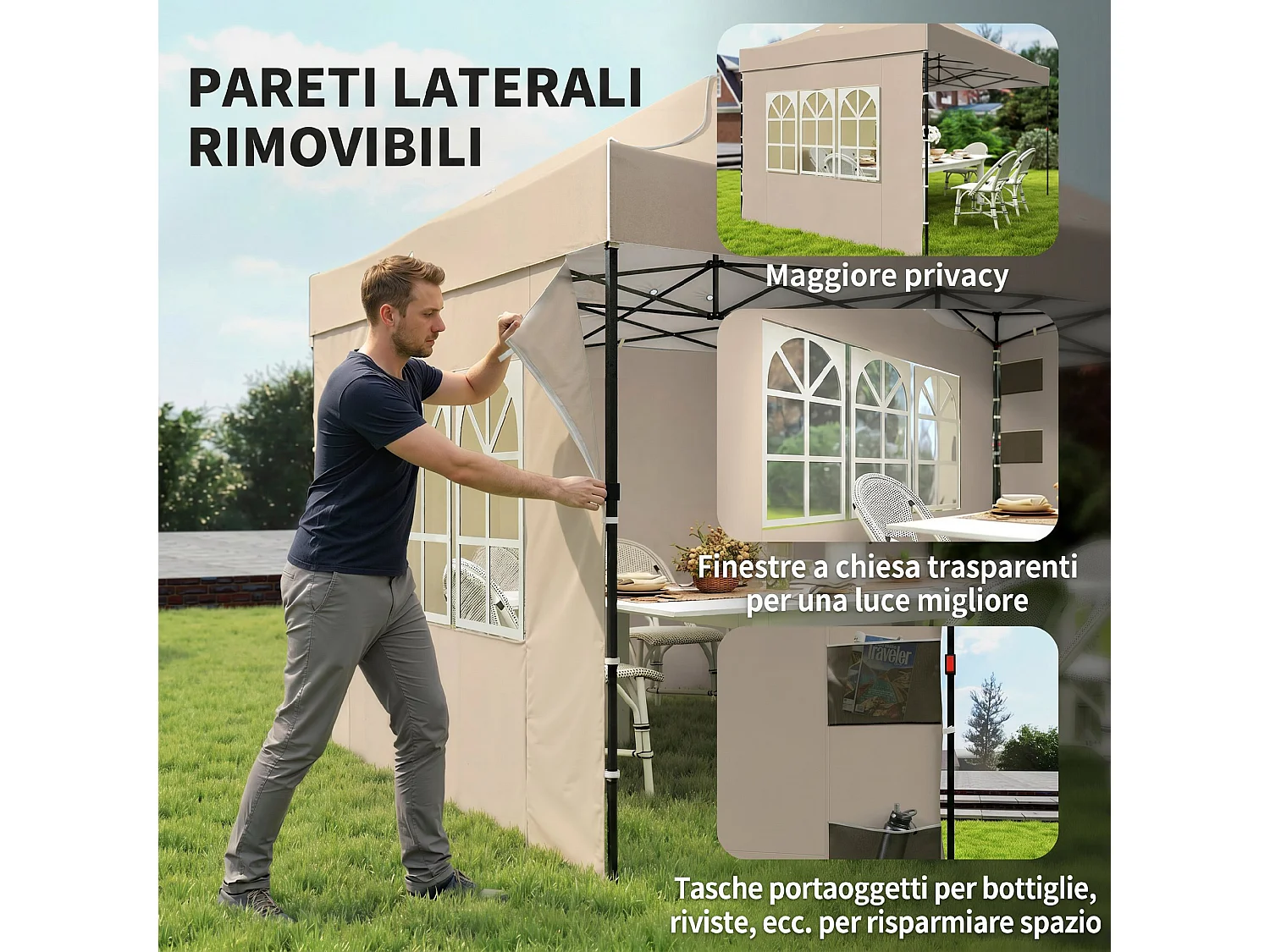 Gazebo pop up con pareti e finestre marrone sabbia