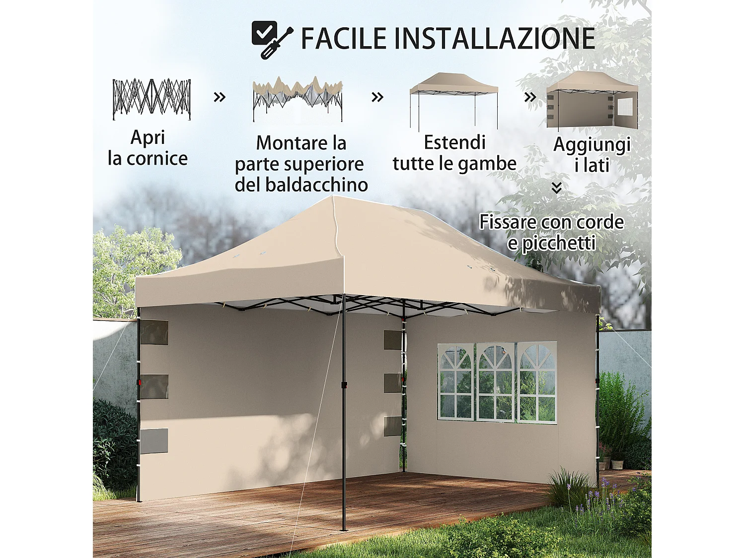 Gazebo pop up con pareti e finestre marrone sabbia