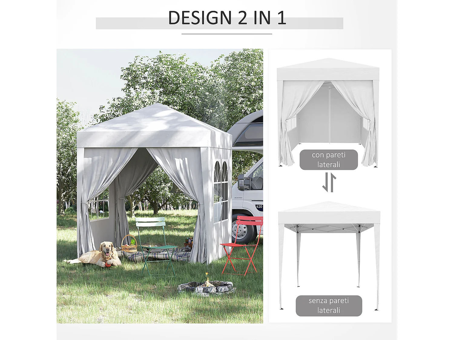 Gazebo pieghevole pop up 2x2 m con 4 pareti rimovibili bianco