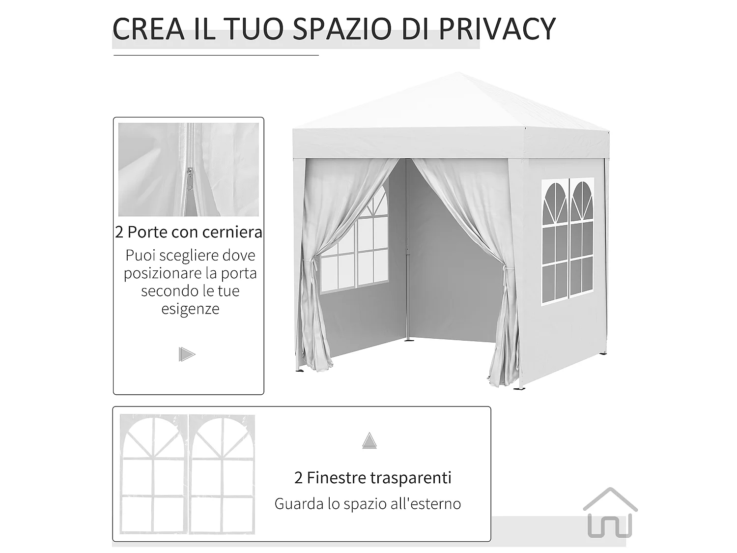 Gazebo pieghevole pop up 2x2 m con 4 pareti rimovibili bianco