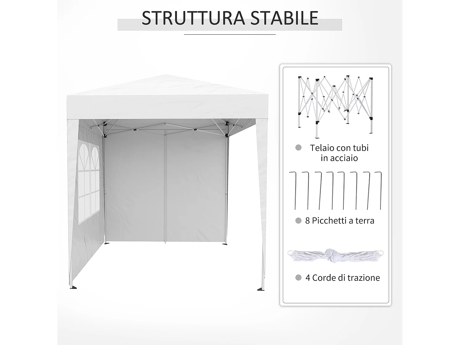 Gazebo pieghevole pop up 2x2 m con 4 pareti rimovibili bianco