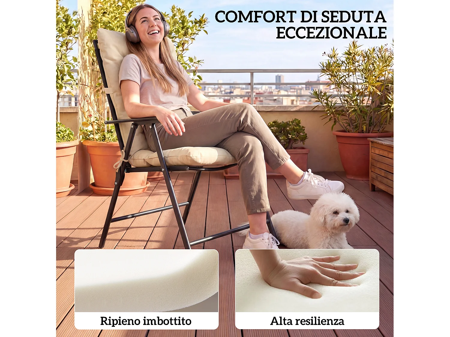 Set 2 cuscini per sedie da esterno in poliestere e cotone beige