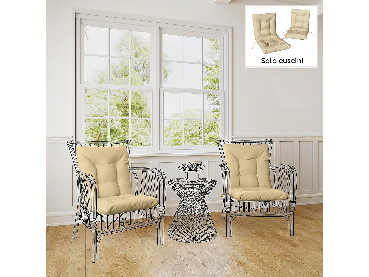 Set 2 cuscini per sedie da esterno in poliestere e cotone beige
