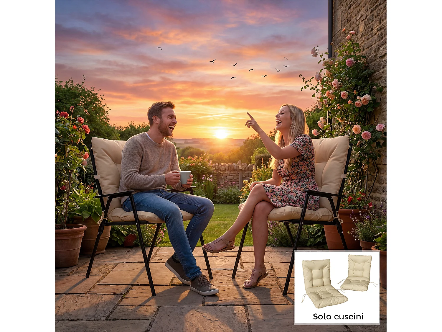 Set 2 cuscini per sedie da esterno in poliestere e cotone beige