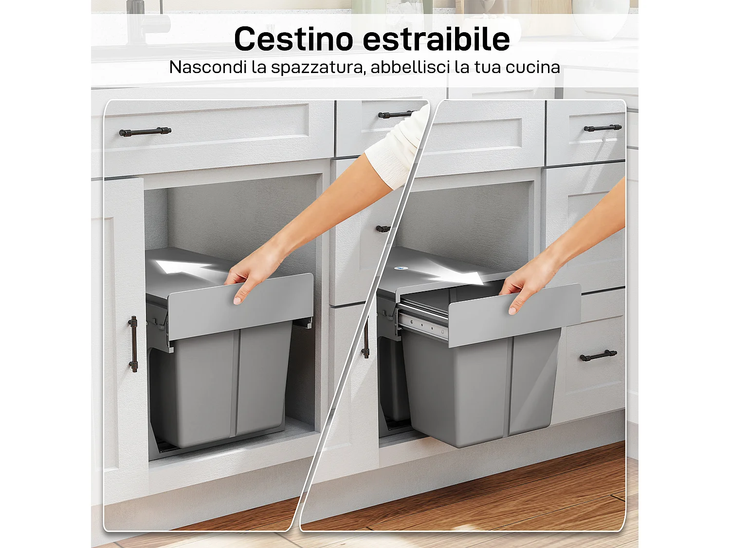 Pattumiera estraibile sottolavello da 31l a 3 secchi grigio chiaro