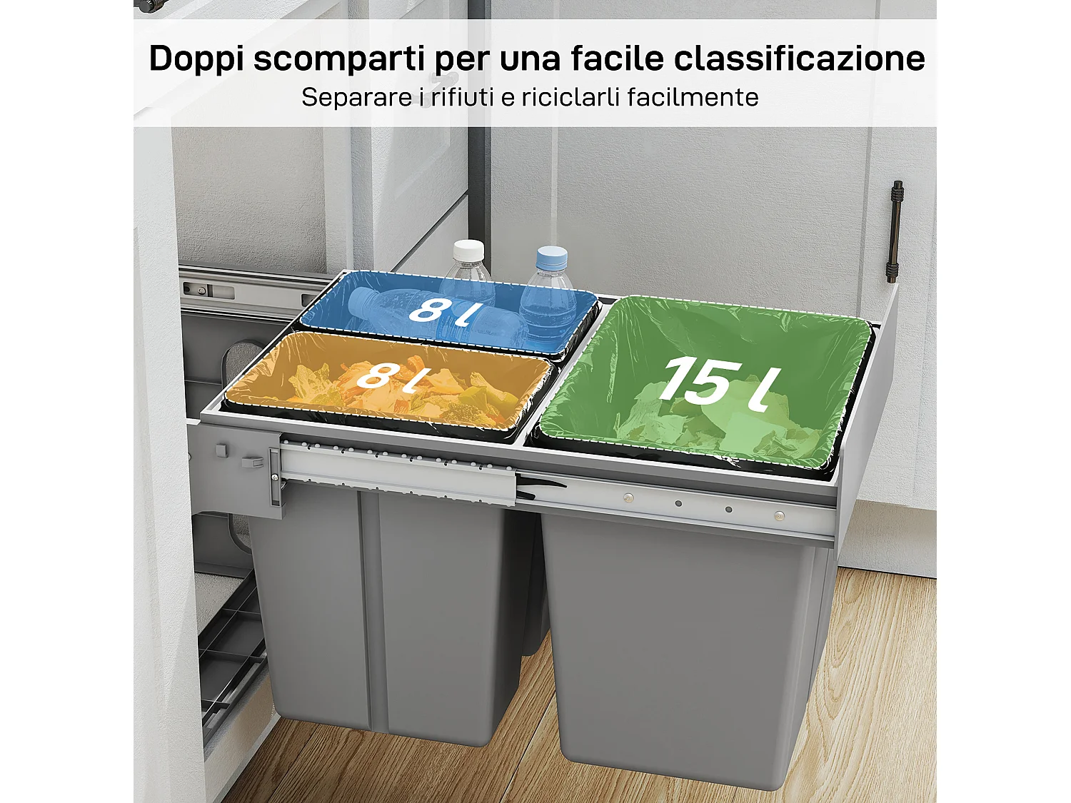 Pattumiera estraibile sottolavello da 31l a 3 secchi grigio chiaro