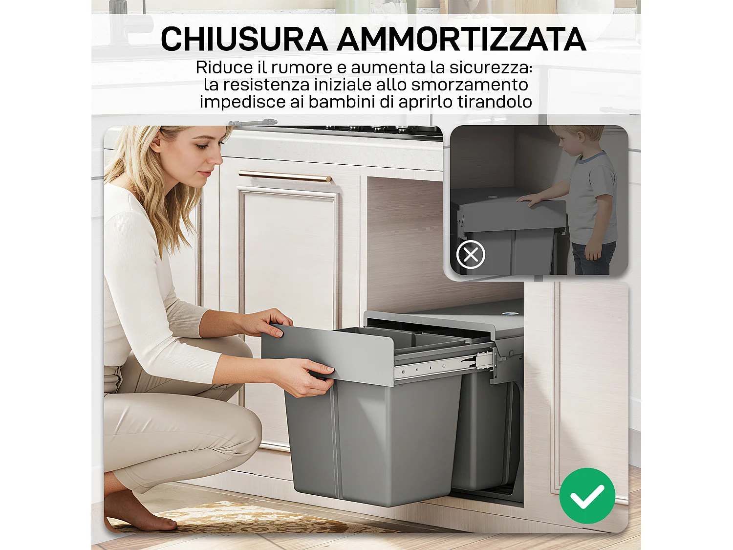 Pattumiera estraibile sottolavello da 31l a 3 secchi grigio chiaro