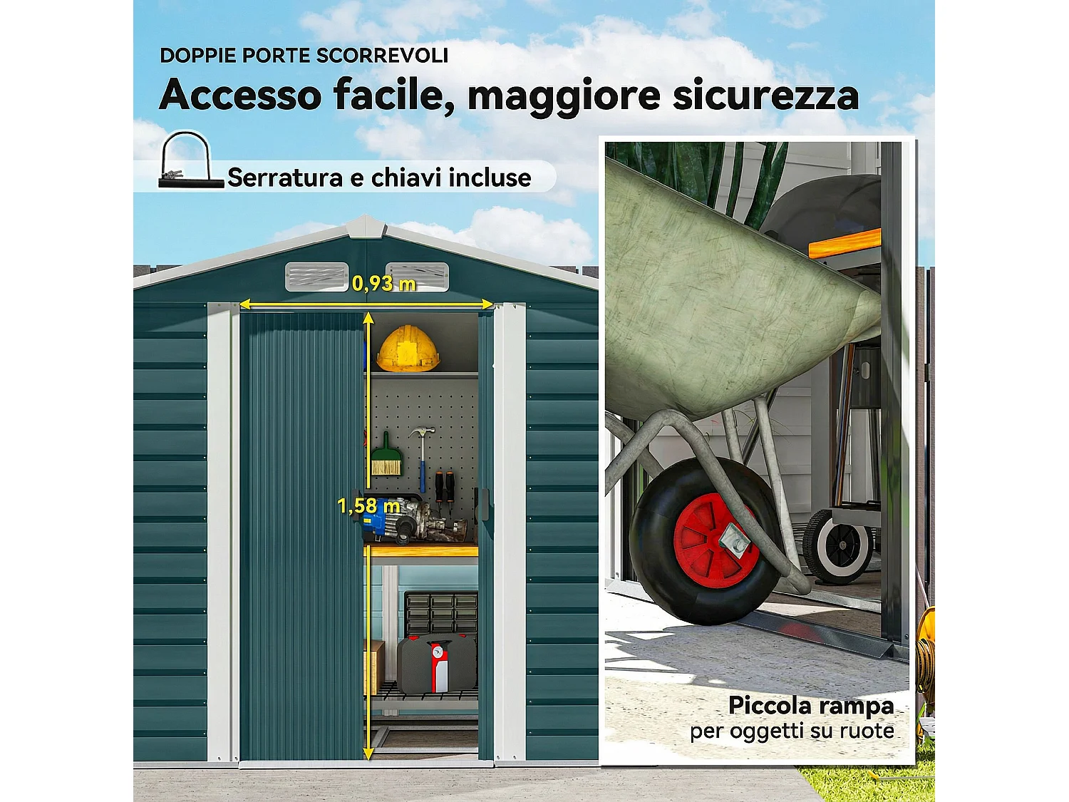 Casetta da giardino con porte scorrevoli e lucchetto in metallo verde