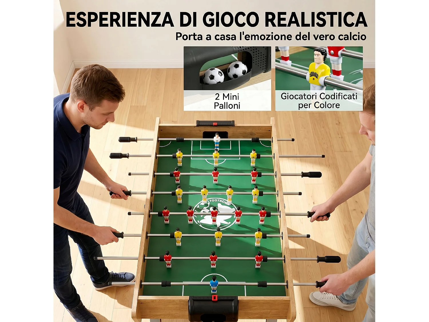 Calcio balilla con maniglie antiscivolo in legno naturale
