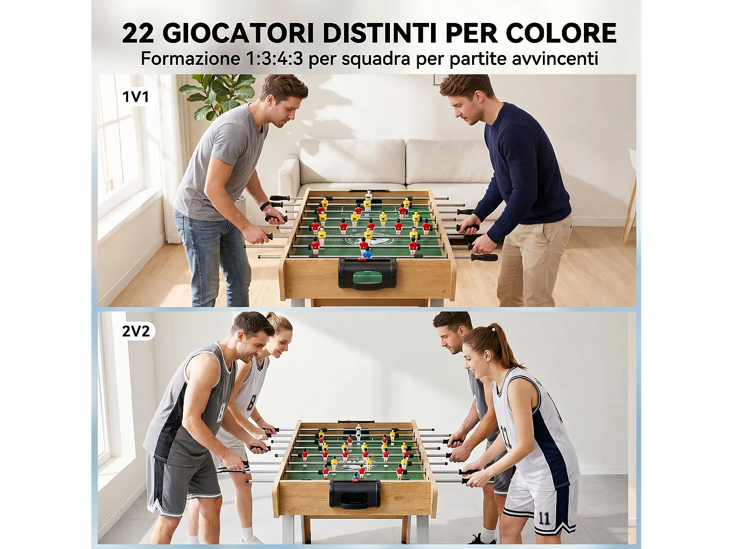 Calcio balilla con maniglie antiscivolo in legno naturale
