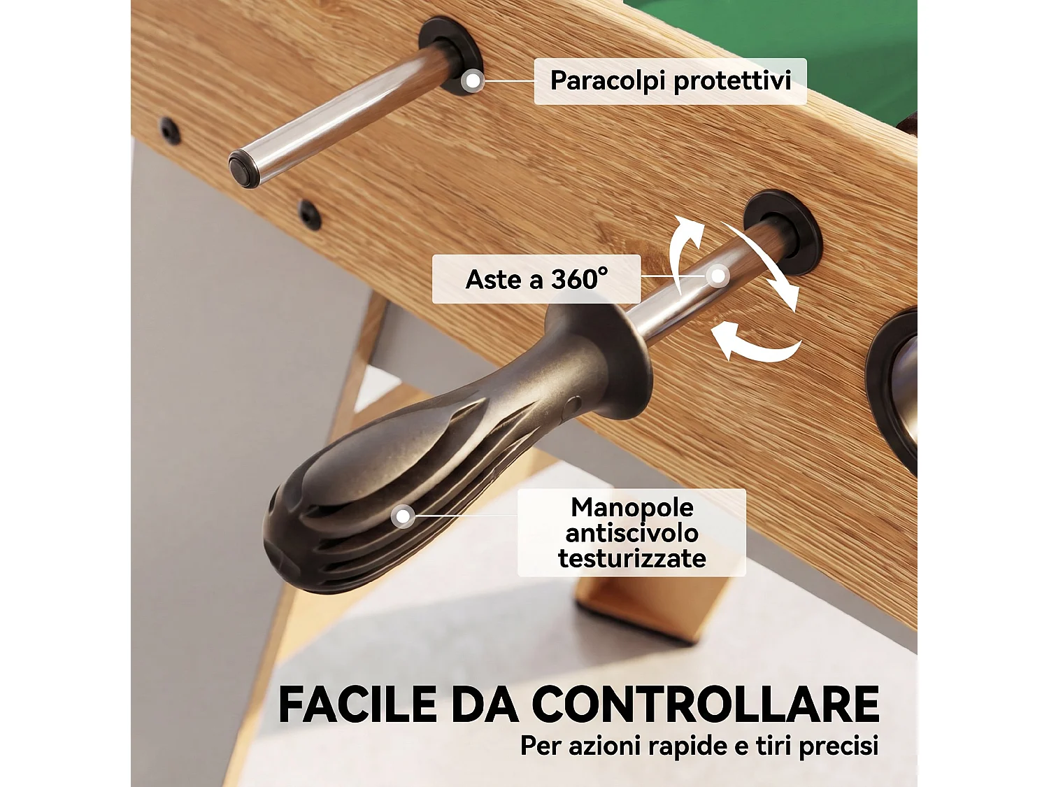 Calcio balilla con maniglie antiscivolo in legno naturale