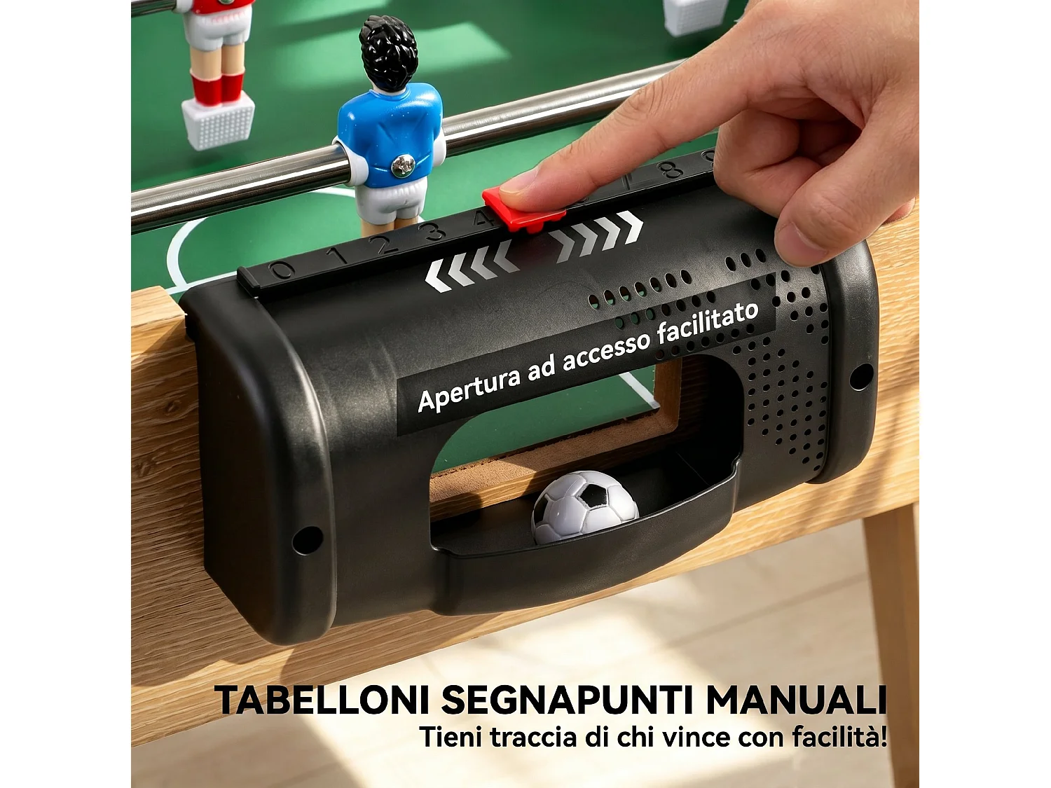Calcio balilla con maniglie antiscivolo in legno naturale