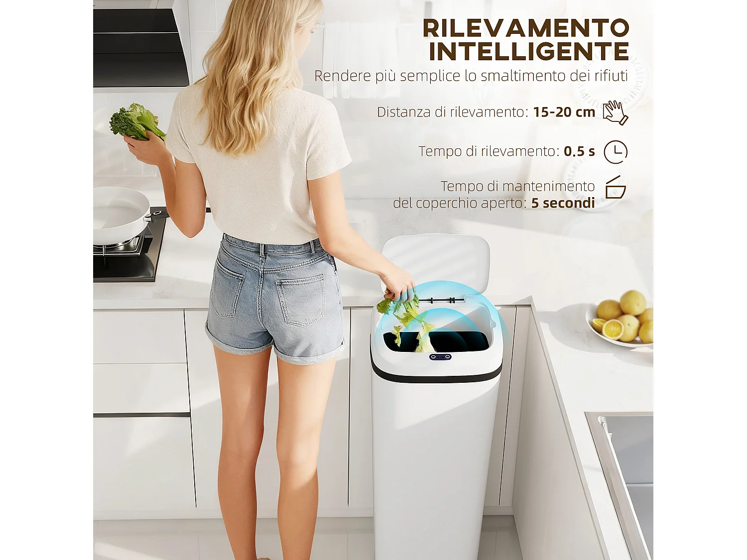 Pattumiera con sensore a infrarossi da 50l in acciaio inox bianco