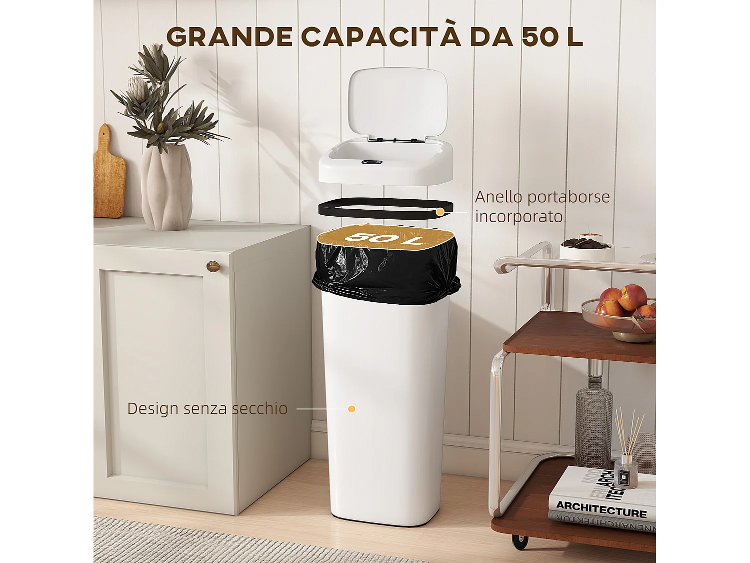 Pattumiera con sensore a infrarossi da 50l in acciaio inox bianco