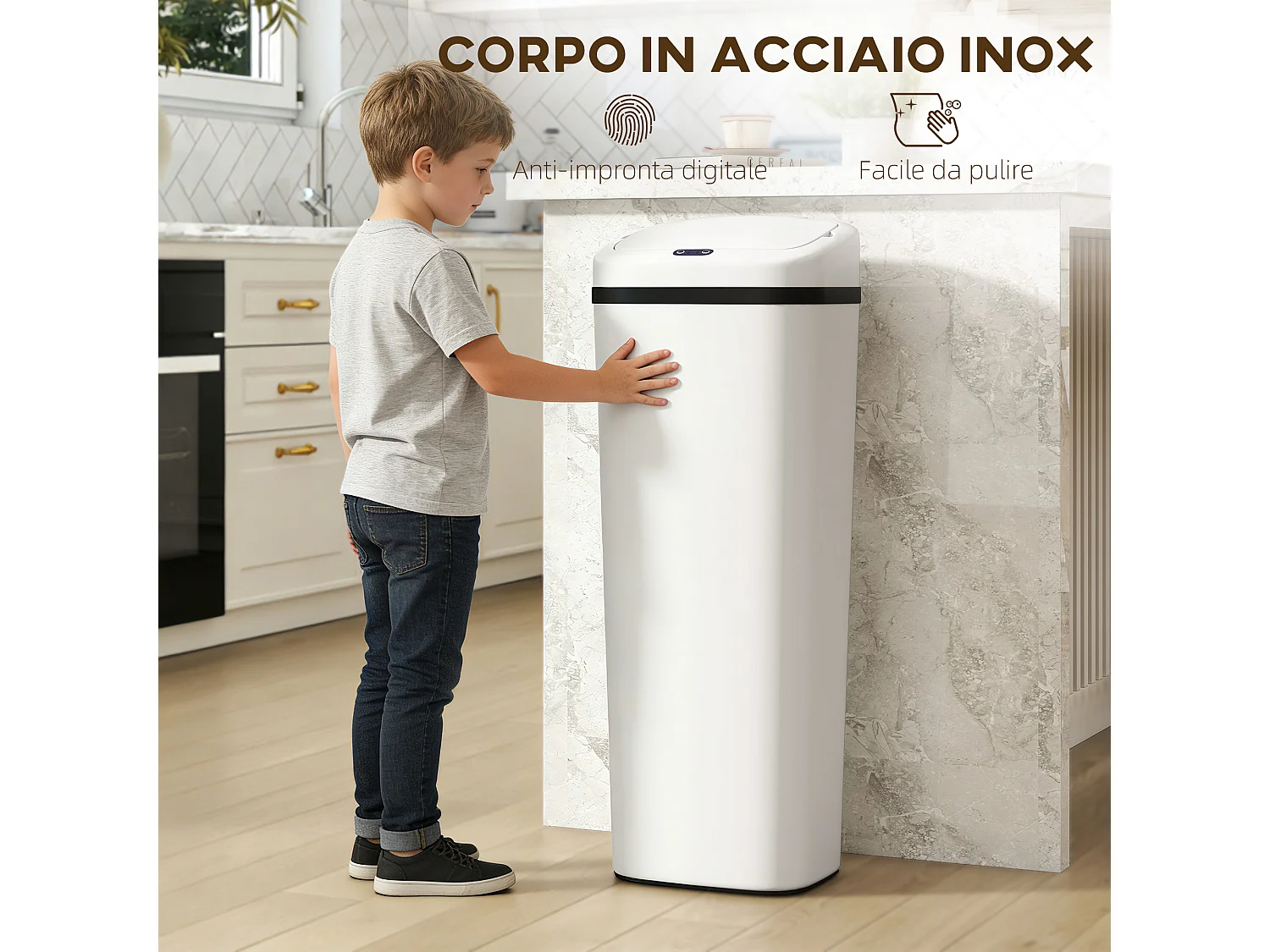 Pattumiera con sensore a infrarossi da 50l in acciaio inox bianco