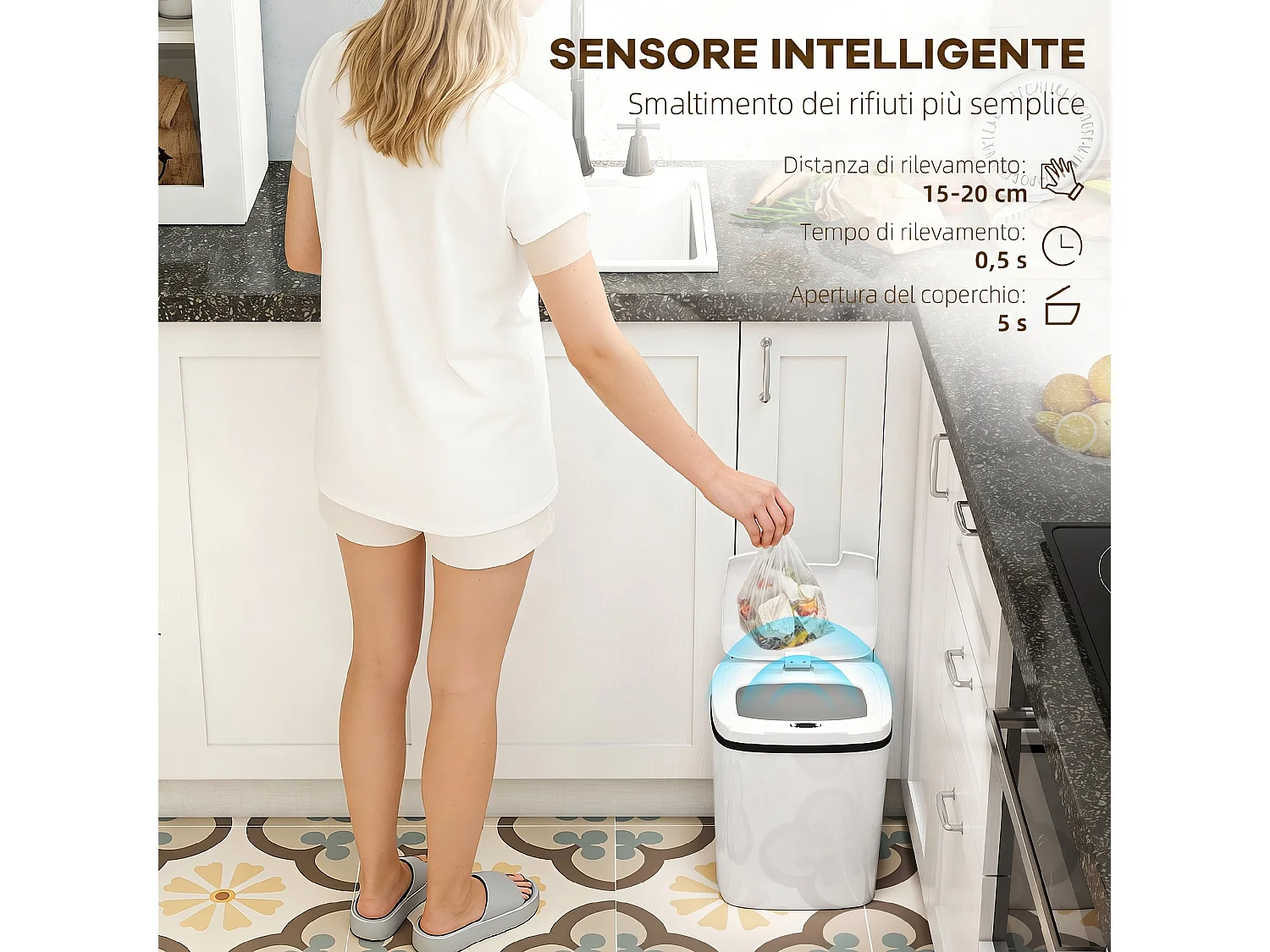 Cestino spazzatura con sensore a infrarossi da 15l in abs e pp bianco