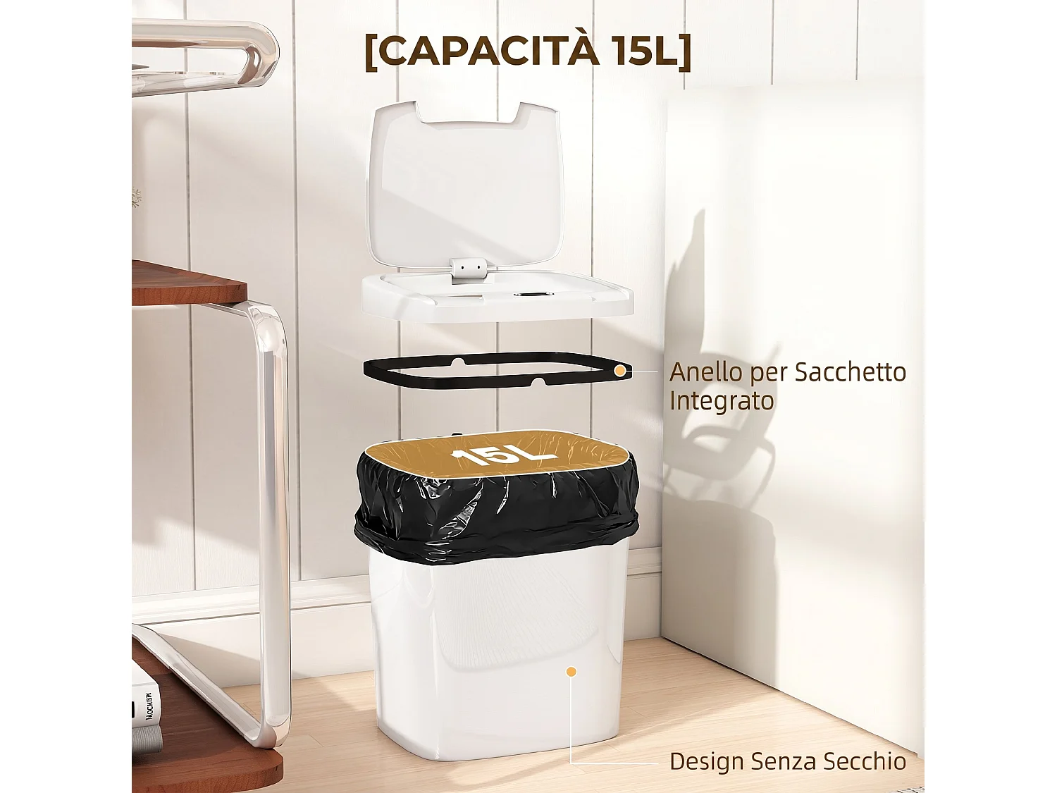 Cestino spazzatura con sensore a infrarossi da 15l in abs e pp bianco