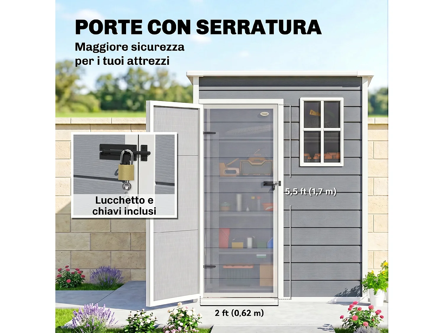 Casetta da giardino con finestra e porta bloccabile grigio