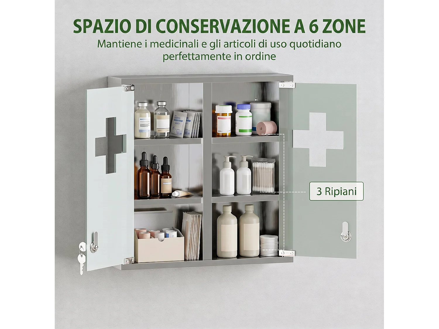 Armadietto dei medicinali con serratura in vetro argento
