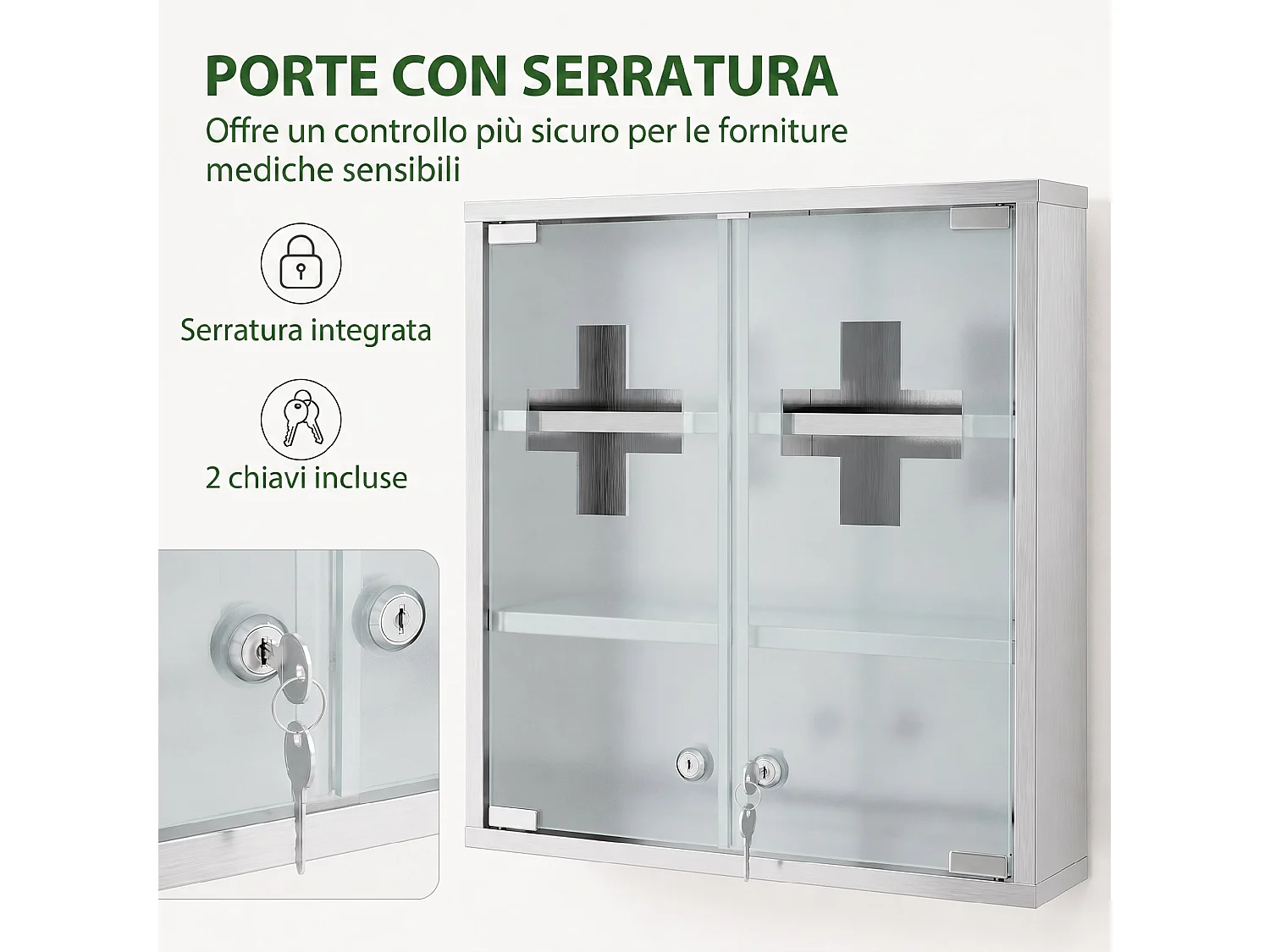 Armadietto dei medicinali con serratura in vetro argento