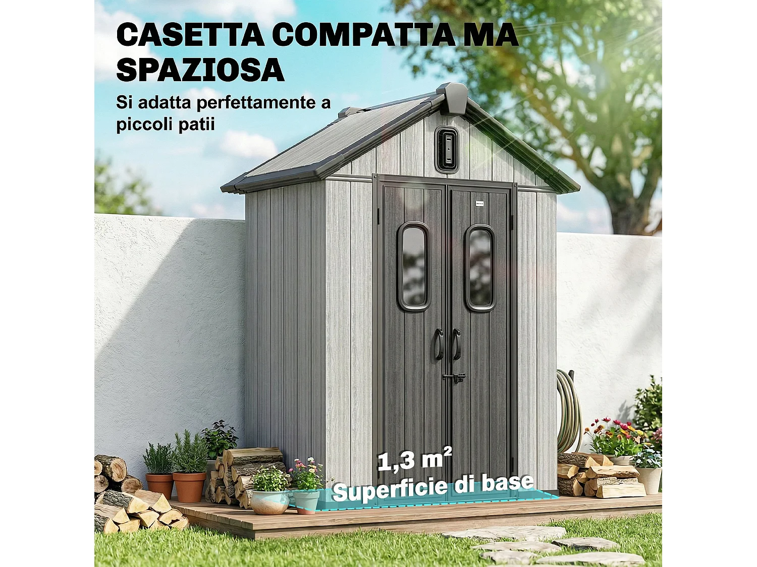Capanno da giardino con doppie porte in plastica grigio