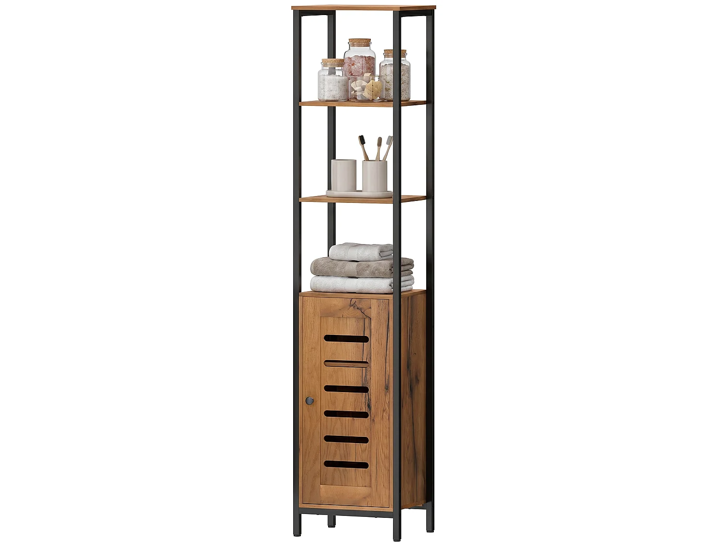 Mobile da bagno alto con 3 ripiani, porta a persiana, marrone