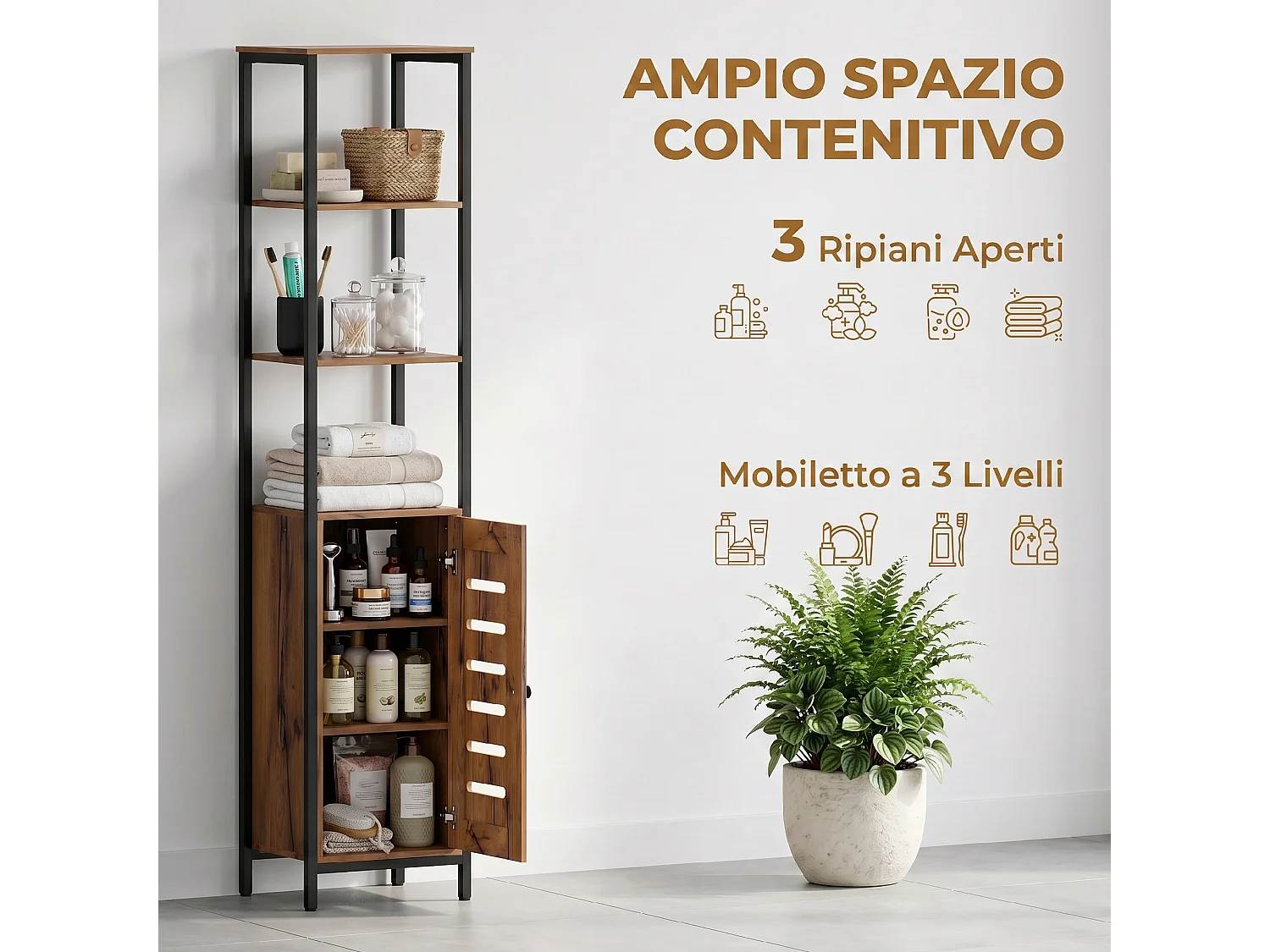 Mobile da bagno alto con 3 ripiani, porta a persiana, marrone
