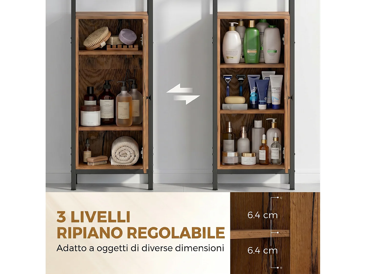 Mobile da bagno alto con 3 ripiani, porta a persiana, marrone