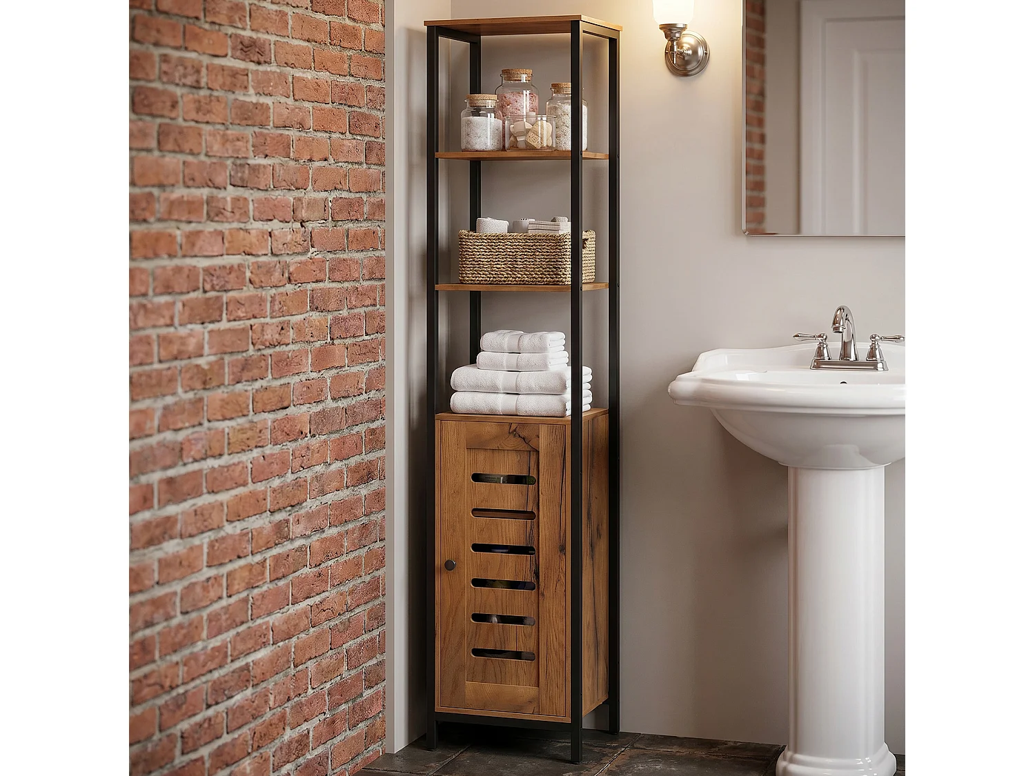 Mobile da bagno alto con 3 ripiani, porta a persiana, marrone