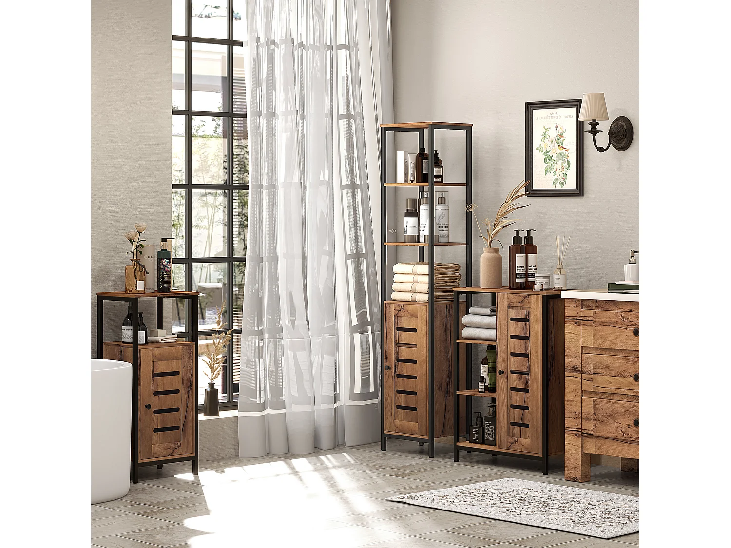 Mobile da bagno alto con 3 ripiani, porta a persiana, marrone