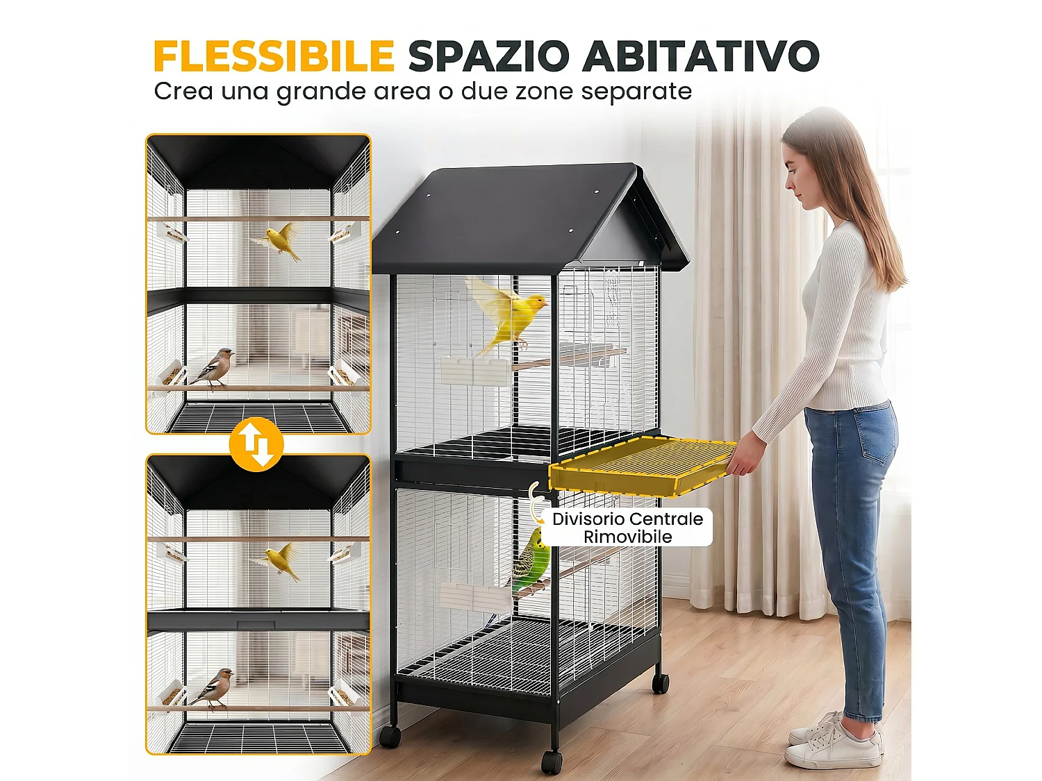 Gabbia per uccelli grande con divisorio ruote posatoi nero