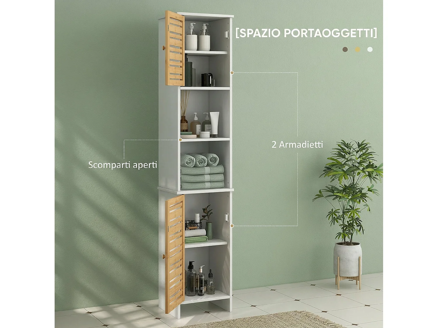 Mobile bagno alto 170cm, con ripiani regolabili, scomparti aperti