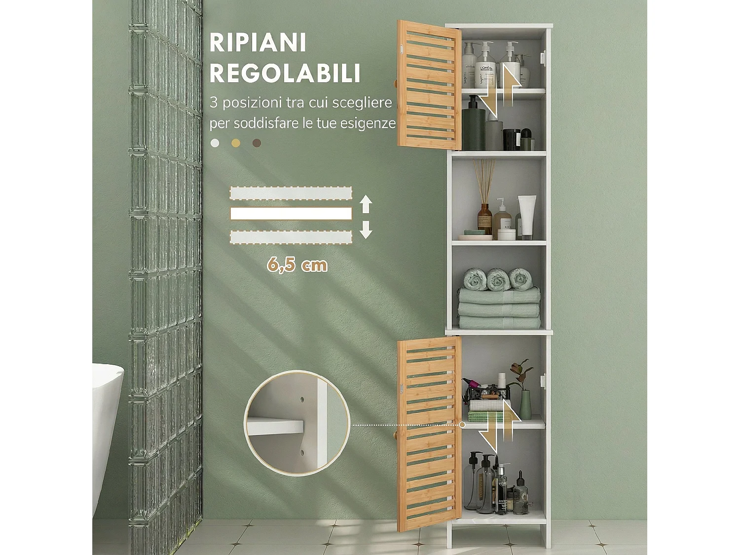 Mobile bagno alto 170cm, con ripiani regolabili, scomparti aperti