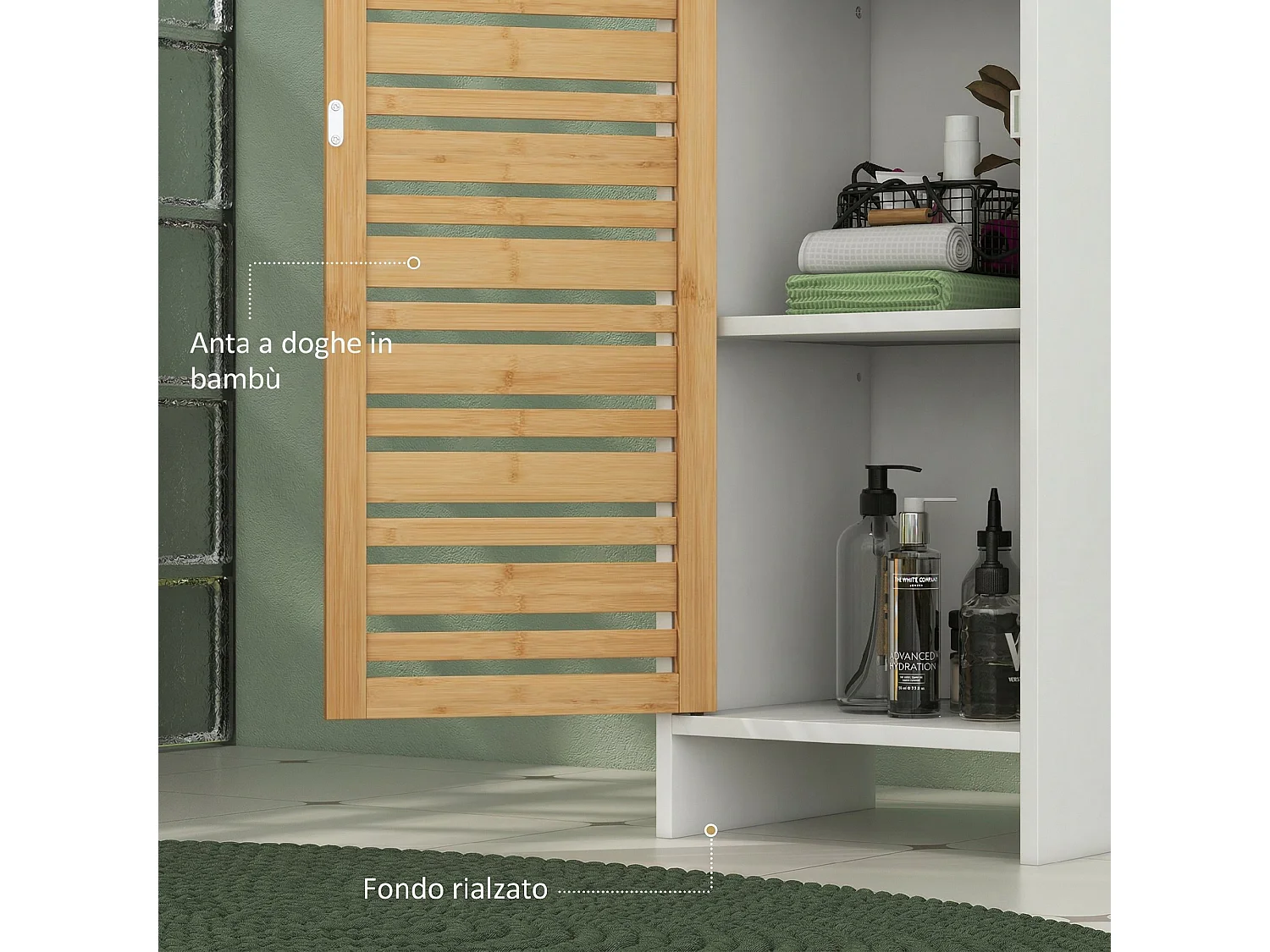 Mobile bagno alto 170cm, con ripiani regolabili, scomparti aperti