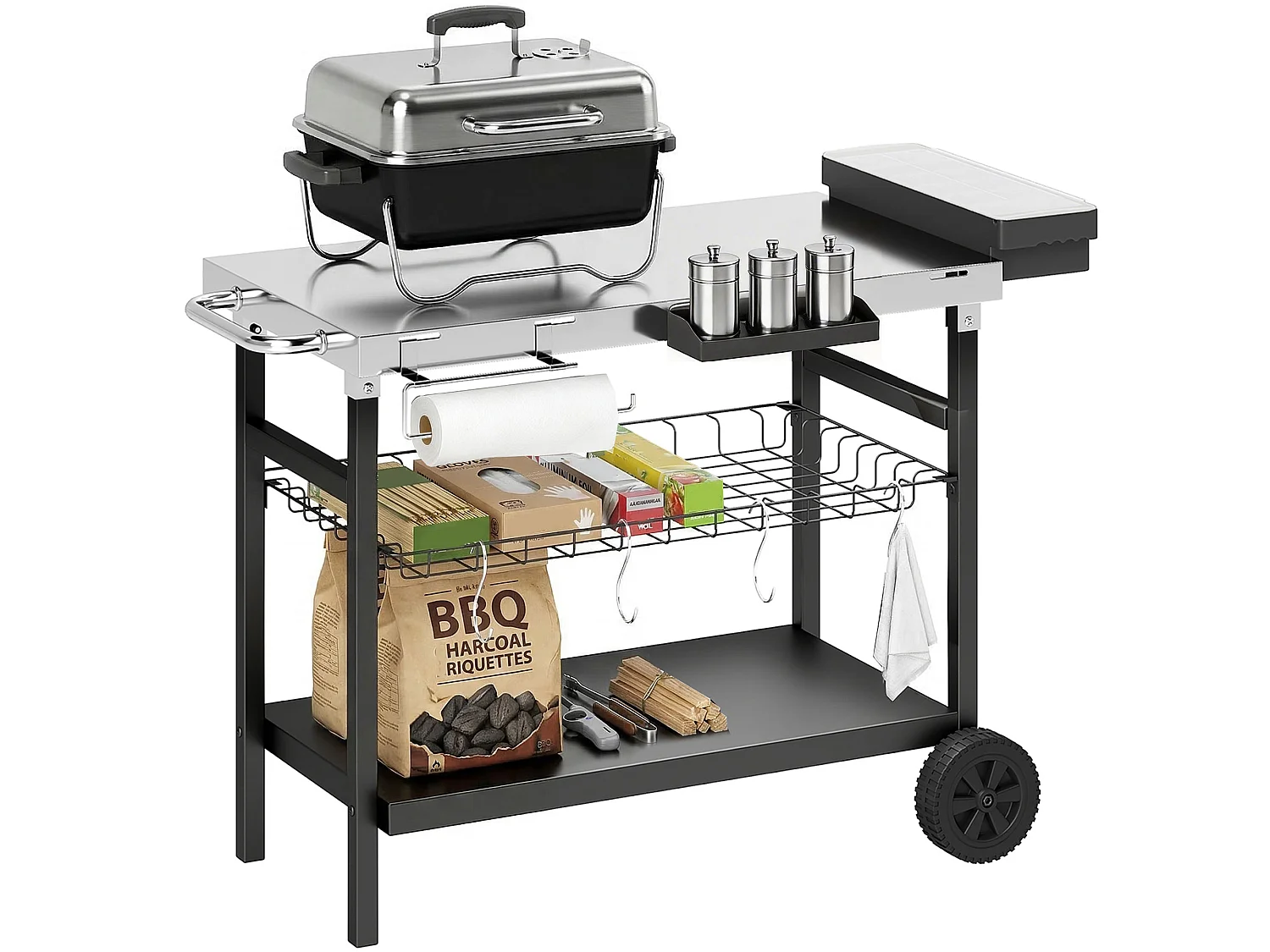 Carrello barbecue da esterno con ruote in acciaio inossidabile nero