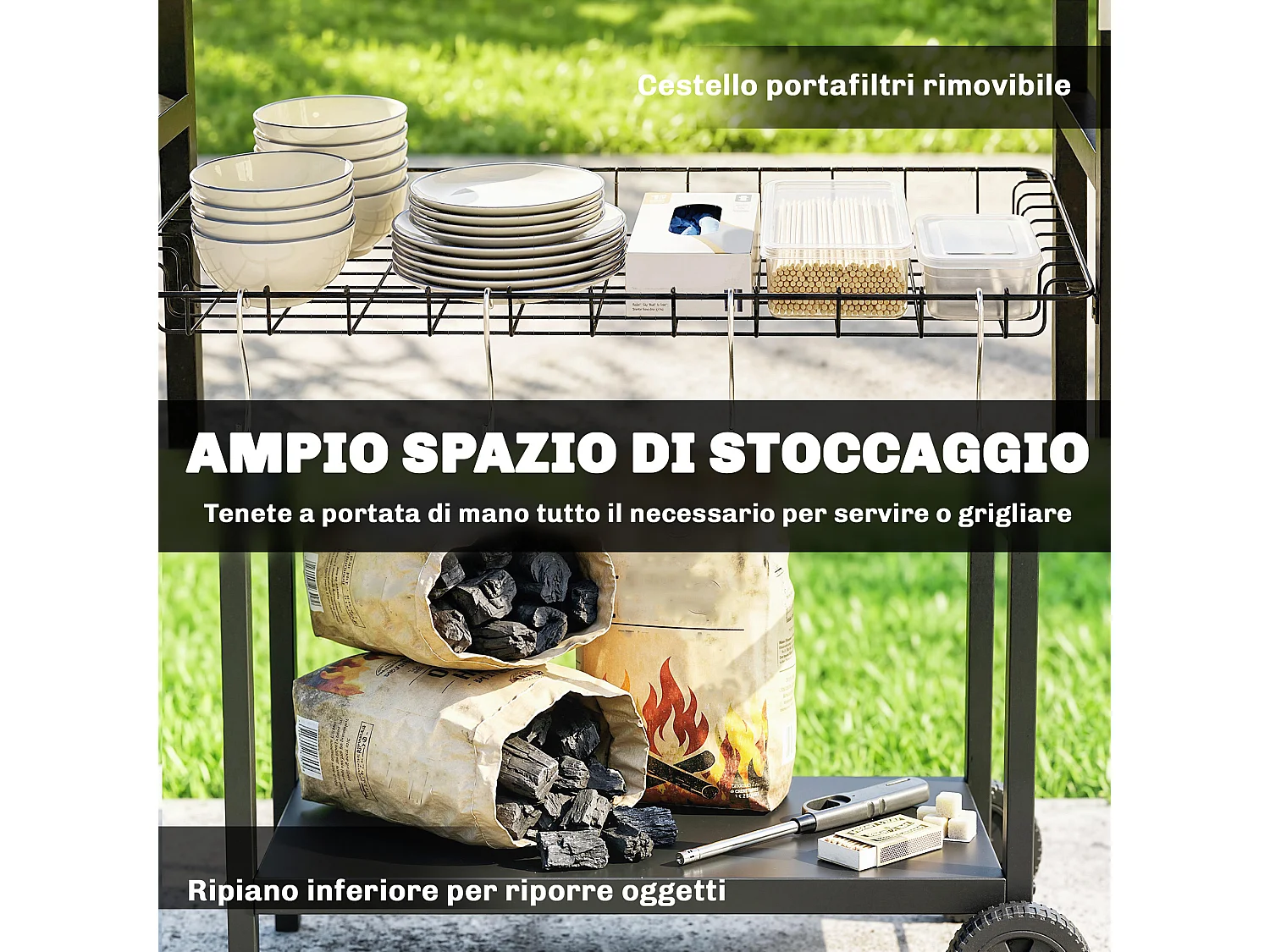 Carrello barbecue da esterno con ruote in acciaio inossidabile nero
