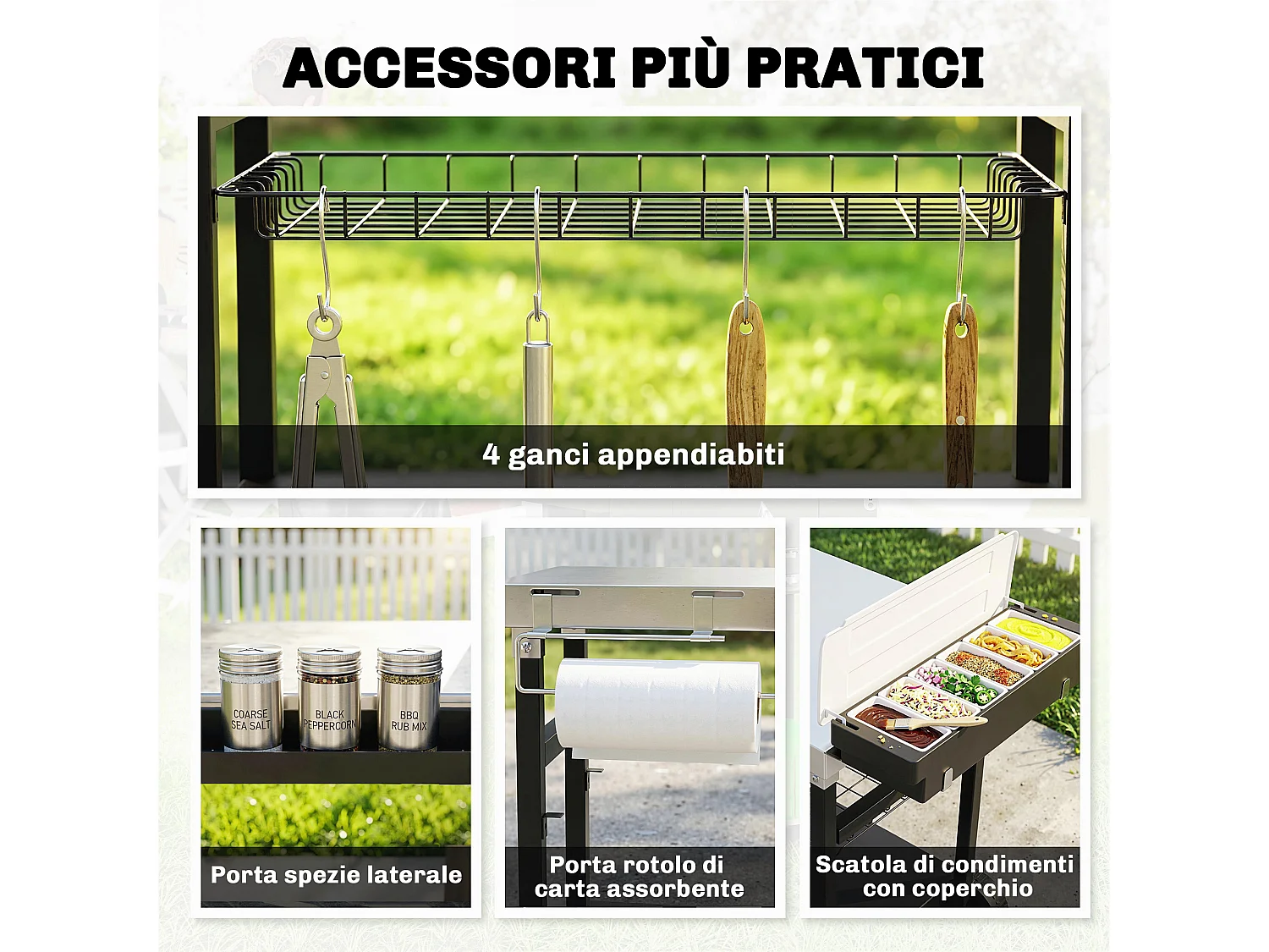 Carrello barbecue da esterno con ruote in acciaio inossidabile nero