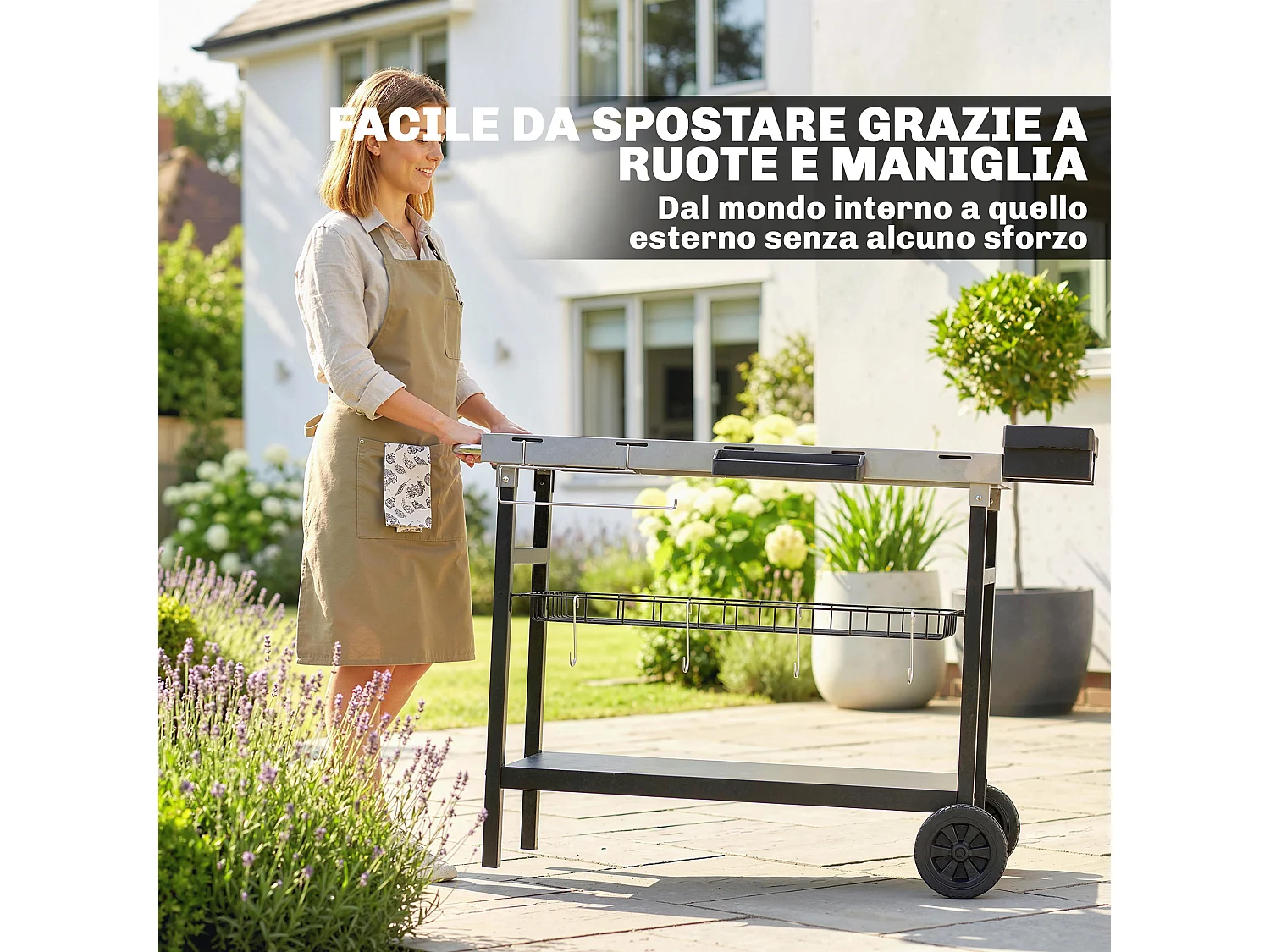 Carrello barbecue da esterno con ruote in acciaio inossidabile nero
