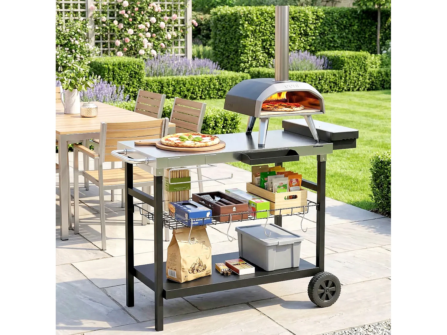 Carrello barbecue da esterno con ruote in acciaio inossidabile nero
