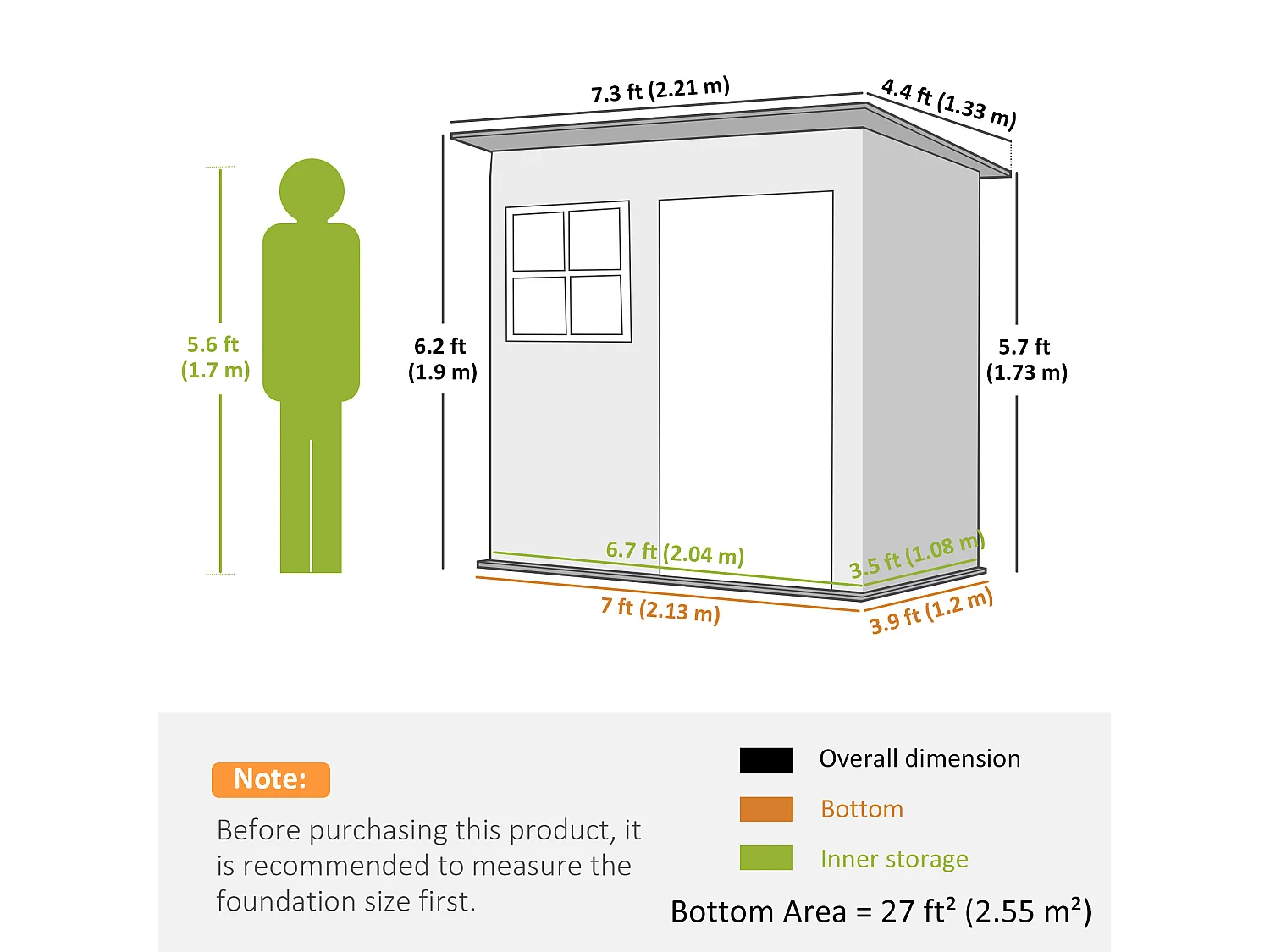 Casetta da giardino 2.55m² in acciaio con kit di fondazione