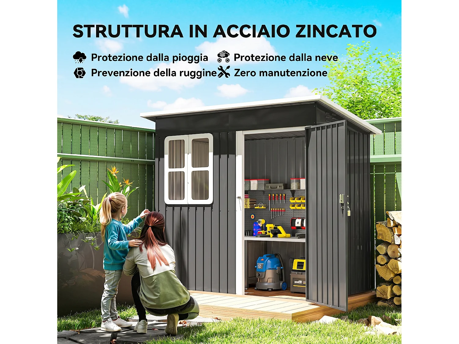 Casetta da giardino 2.55m² in acciaio con kit di fondazione